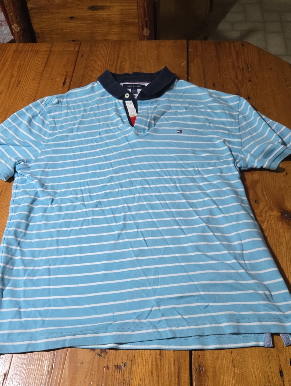 Tommy Hilfiger Sky Blue & White Striped Polo with Navy Collar Sz Xl